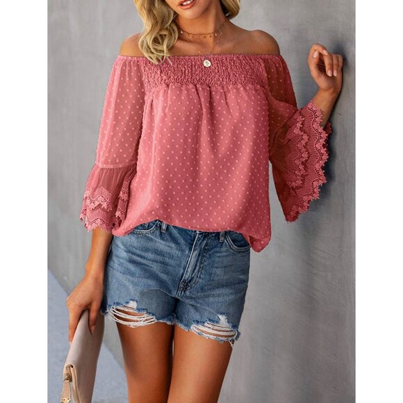 👗 2/$30 👗 Swiss Dot Pink Off Shoulder with Bell Sleeves Blouse Medium - Picture 2 of 4